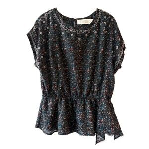 Isani Anthropologie Black Multicolor Tweed Peplum Top Beaded Trim Multi Size M